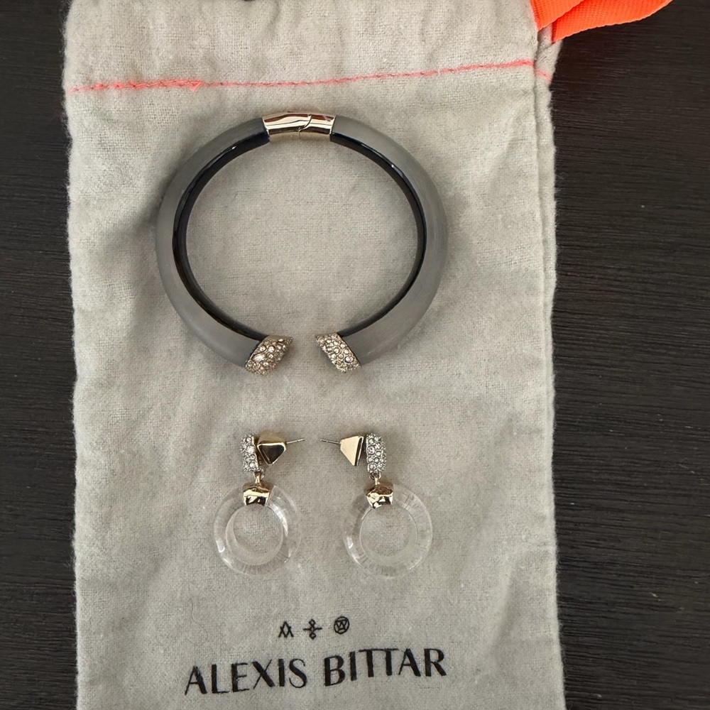 Alexis Bittar Gray Resin Cuff Bracelet with Clear Crystal Hoop Drop Earrings